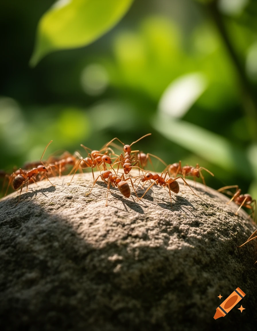 Close-up of numerous red ants crawling on a textured gray rock with a blurred green leafy background.