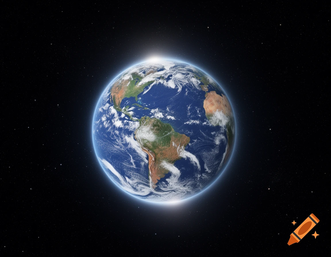 Photorealistic view of Earth from space, showing continents, oceans, and clouds, with a sun glare at the top.