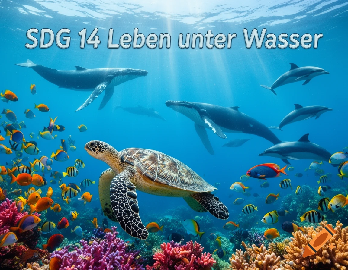 An underwater scene with a sea turtle, whales, dolphins, and colorful fish around coral, with the text 'SDG 14 Leben unter Wasser'.