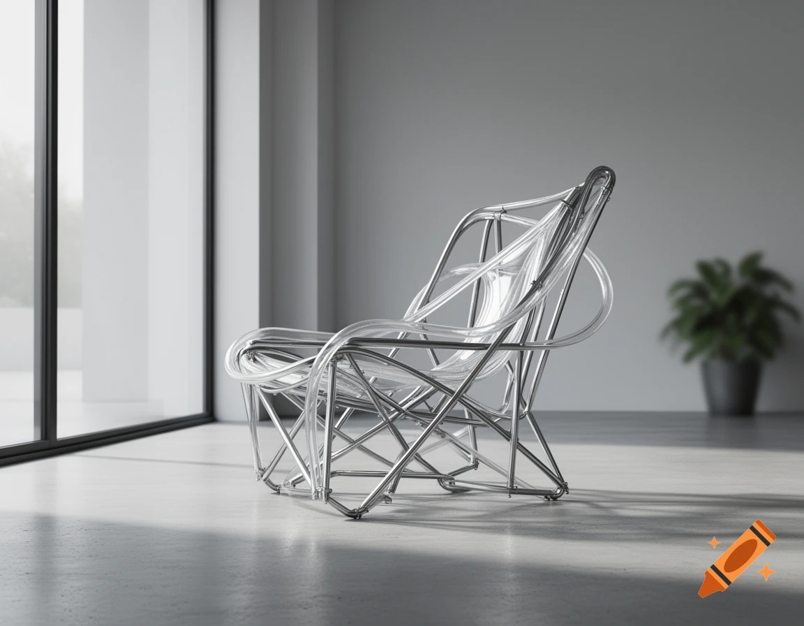 A transparent and metallic modern chair sits in a minimalist room with large windows and a potted plant.