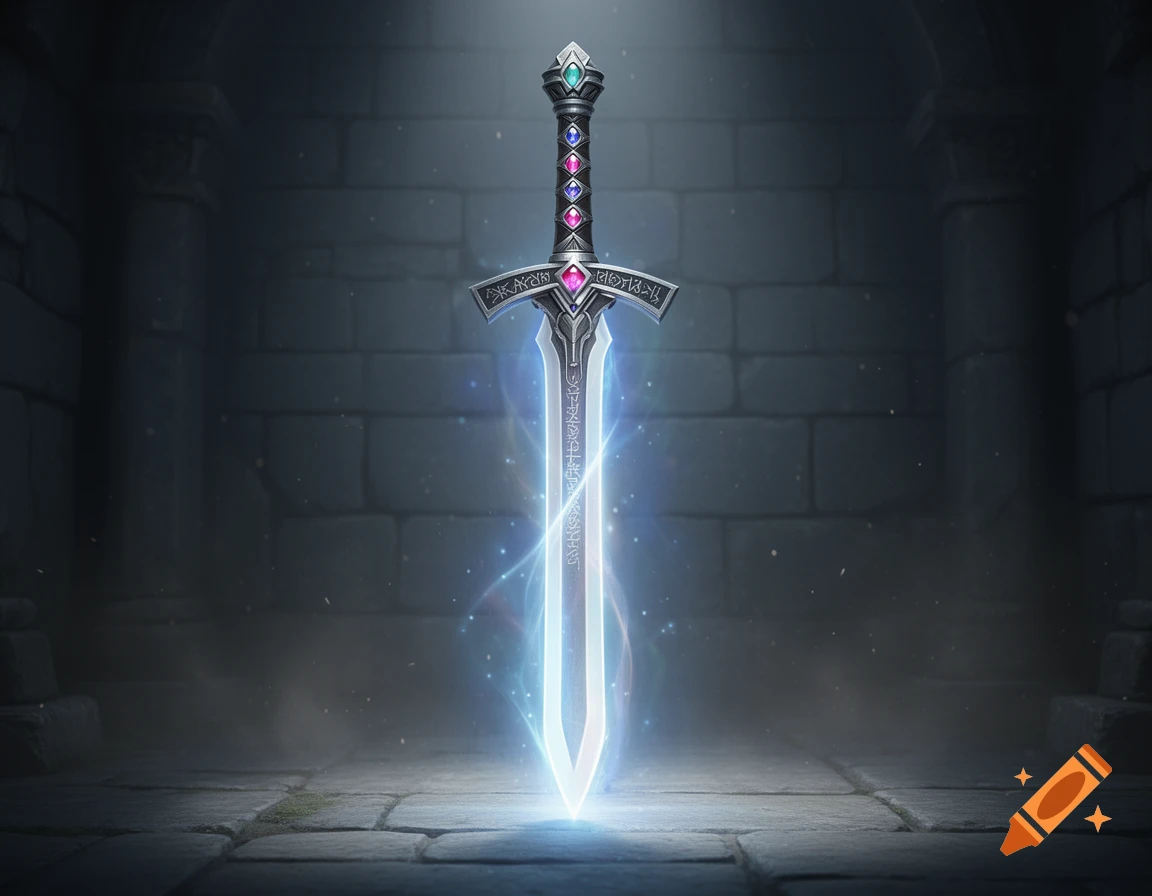A glowing magic sword with a jeweled hilt stands upright in a dark, stone dungeon, emanating radiant blue energy.