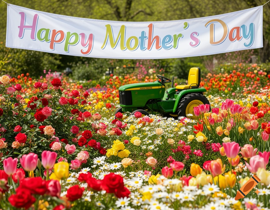 A green tractor sits in a vibrant field of red, pink, yellow, and white flowers, under a 'Happy Mother's Day' banner.