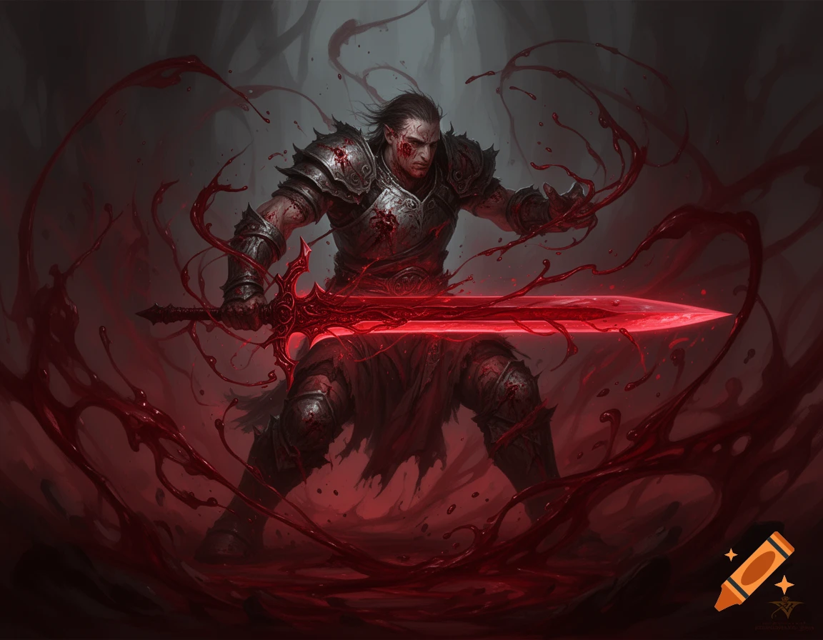 A dark fantasy warrior, a hematomancer, in armor, wields a glowing red blood sword amidst swirling blood in a dynamic pose.