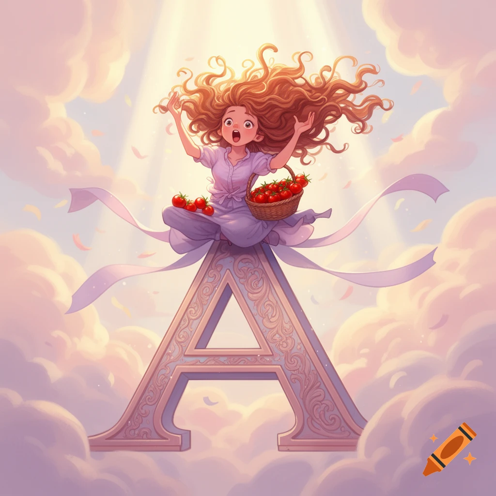 A whimsical cartoon girl with flowing hair sits on an ornate letter 'A' amidst clouds, holding a basket of cherry tomatoes.