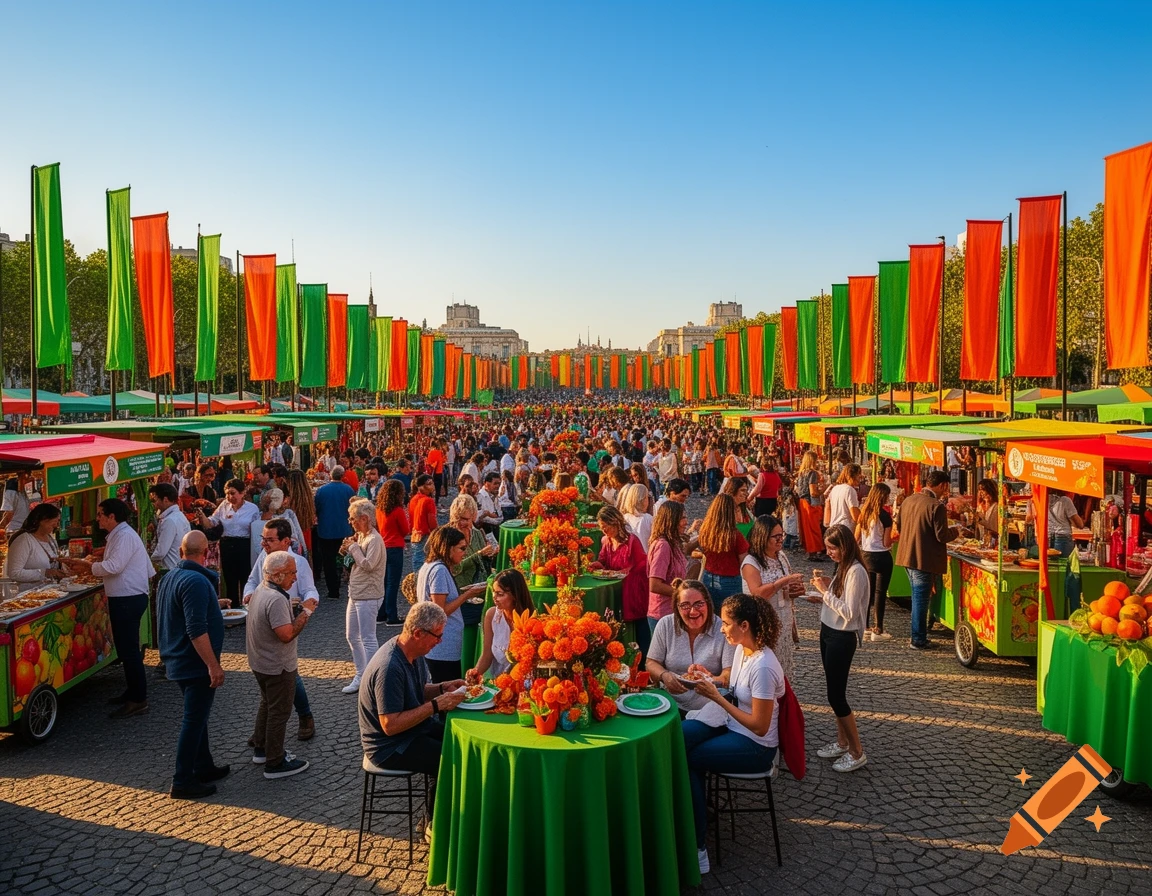 A vibrant outdoor festival at sunset with a large crowd of people, food stalls, and rows of green and orange flags.