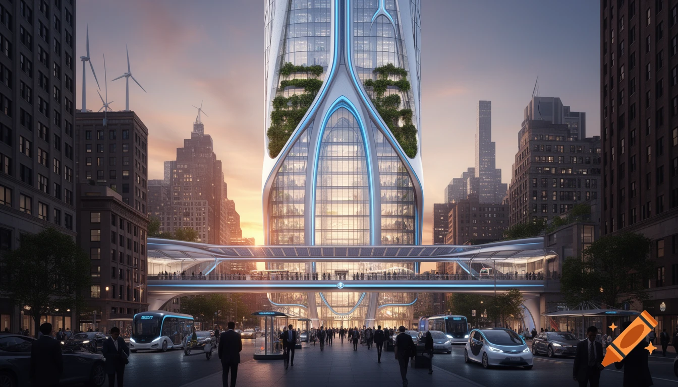 A futuristic city with a large, modern skyscraper featuring vertical ...
