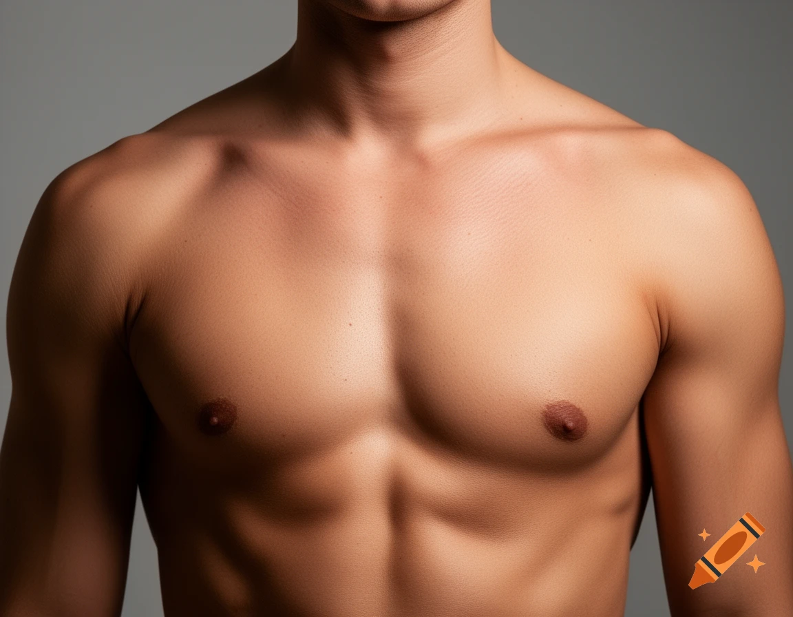 A close-up, photorealistic shot of a man's bare chest and shoulders against a gray background.
