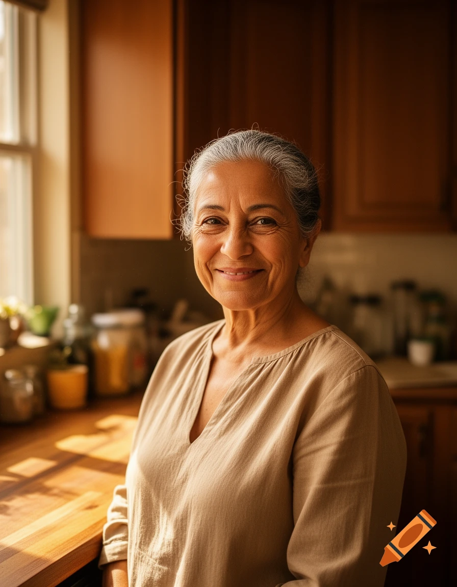 Candid portrait of a smiling elderly woman with silver hair in a sunlit home kitchen, realistic photography.