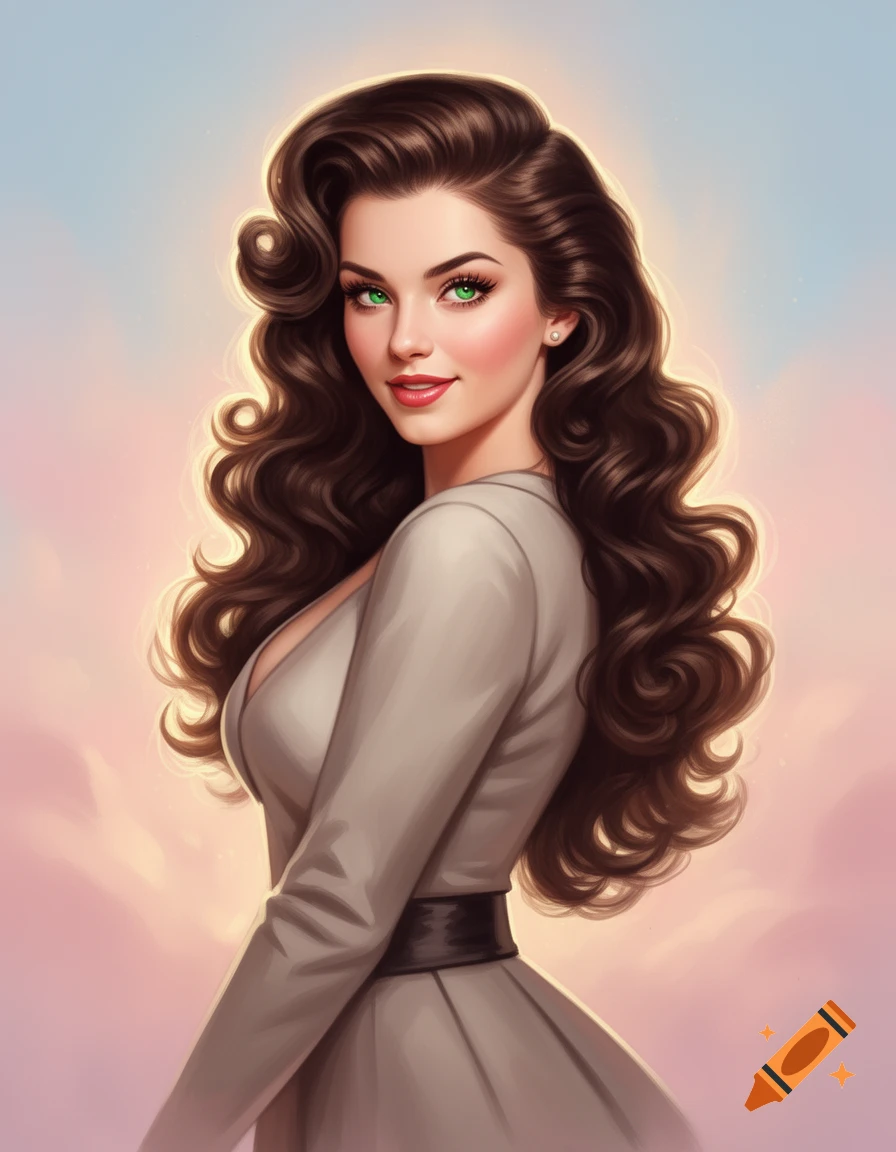 Pinup illustration of a beautiful brunette woman with long curly hair and green eyes, wearing a light gray dress.