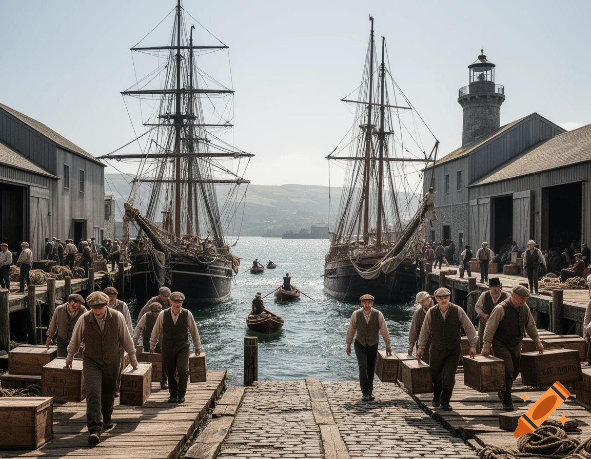 A bustling 1800s harbor with men loading goods from large sailing ships docked at a pier, with a lighthouse in the background.
