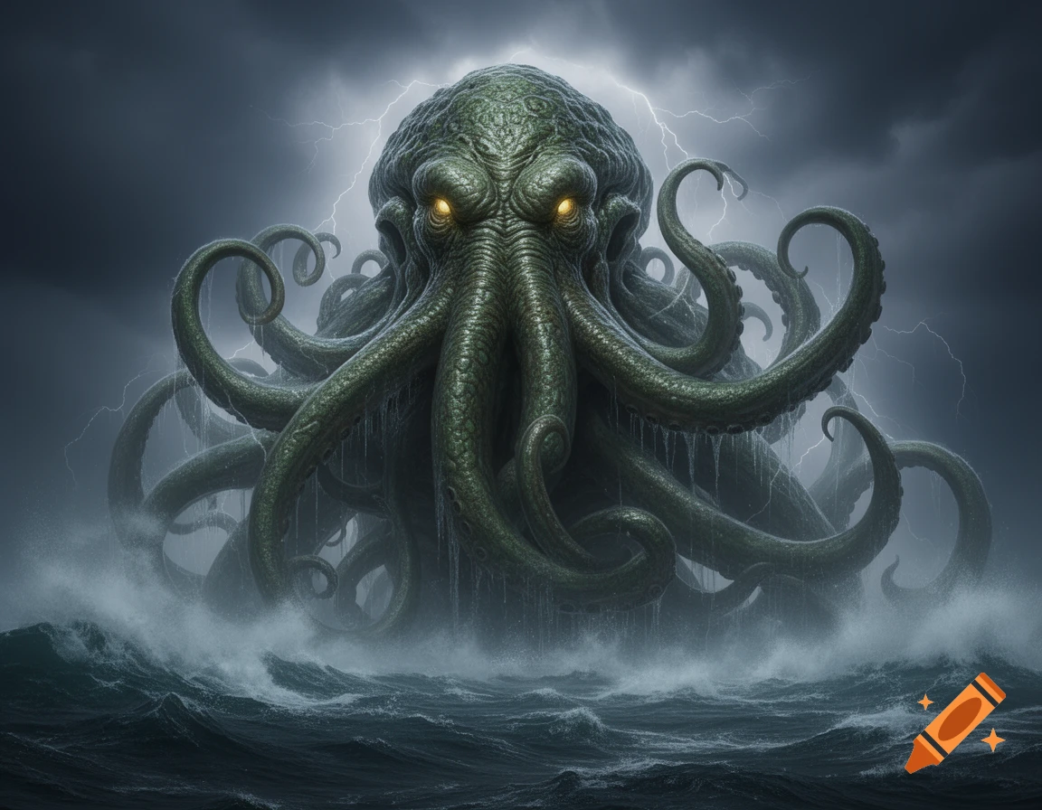 A giant green tentacled Cthulhu monster with glowing yellow eyes emerges from a dark, stormy ocean with lightning.
