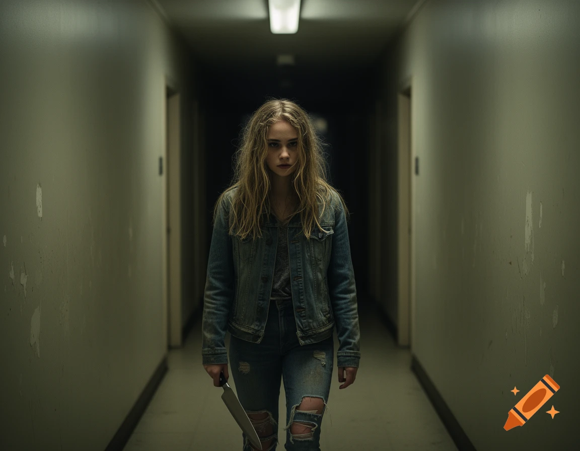 A young woman with dirty blonde hair and ripped jeans holds a large knife, walking down a dimly lit, grungy hallway in a horror style.