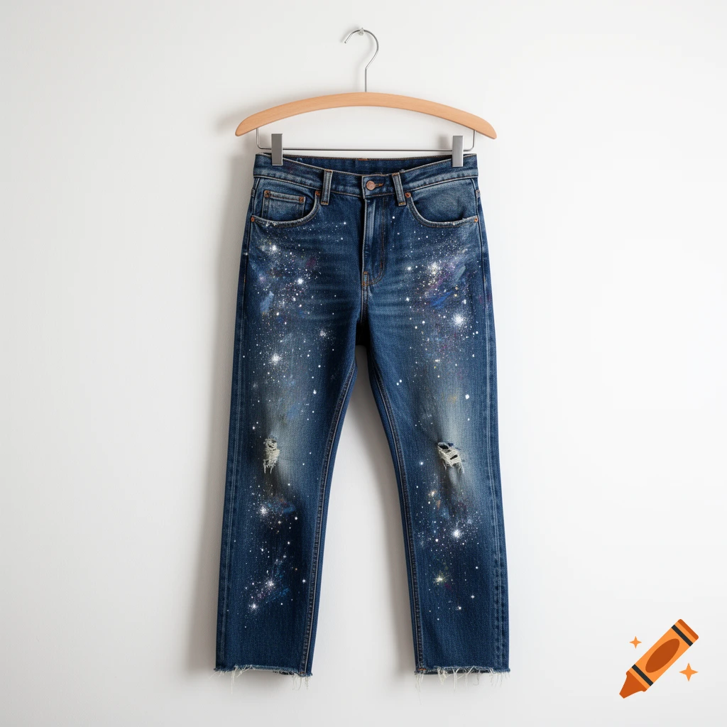 Dark blue distressed jeans with white and colorful galaxy-like paint splatters hang on a wooden hanger against a white wall.
