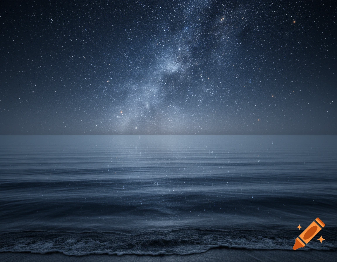 A photorealistic starry night sky stretches over a tranquil ocean with gentle waves lapping a dark shore.