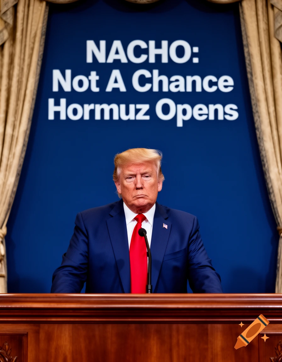 Donald Trump stands at a podium in a blue suit and red tie, with "NACHO: Not A Chance Hormuz Opens" on a blue background.