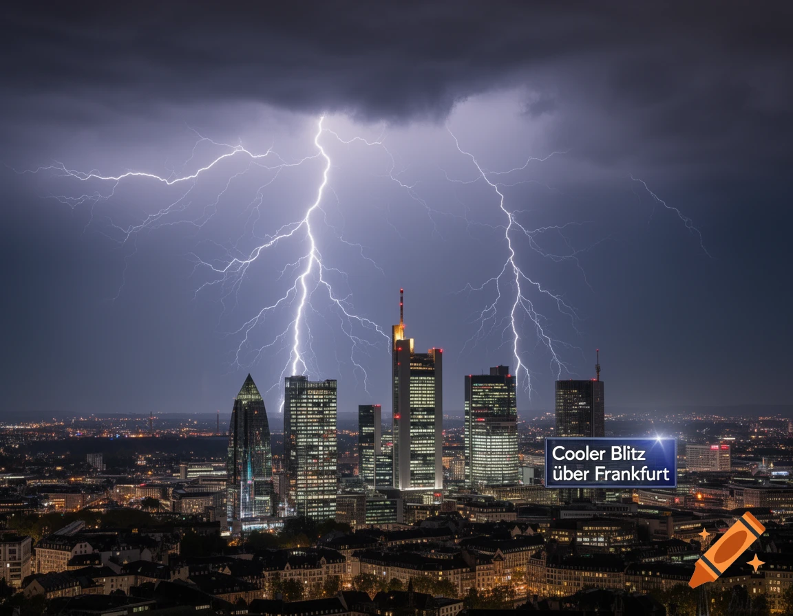 Photorealistic night view of Frankfurt's skyline with bright lightning bolts illuminating the dark sky above skyscrapers.