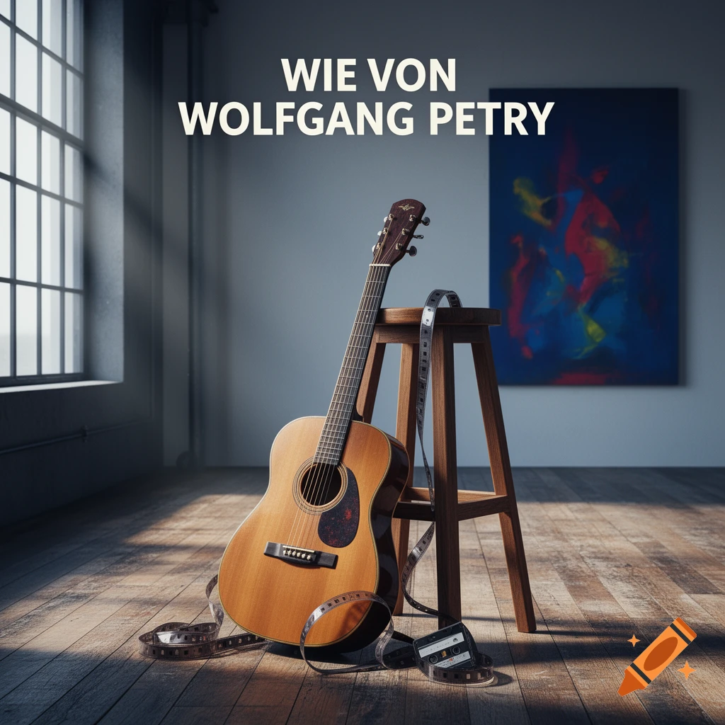 An acoustic guitar leaning against a wooden stool in a modern room, with film reels, a cassette, and text 'WIE VON WOLFGANG PETRY' at the top.