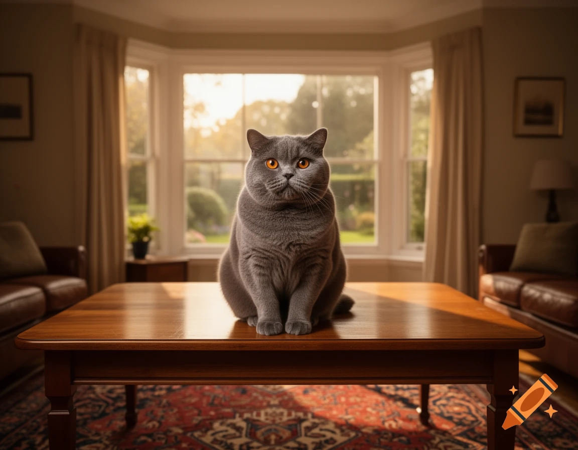 A photorealistic grey British Shorthair cat sits on a polished wooden table in a sunlit room, looking forward.