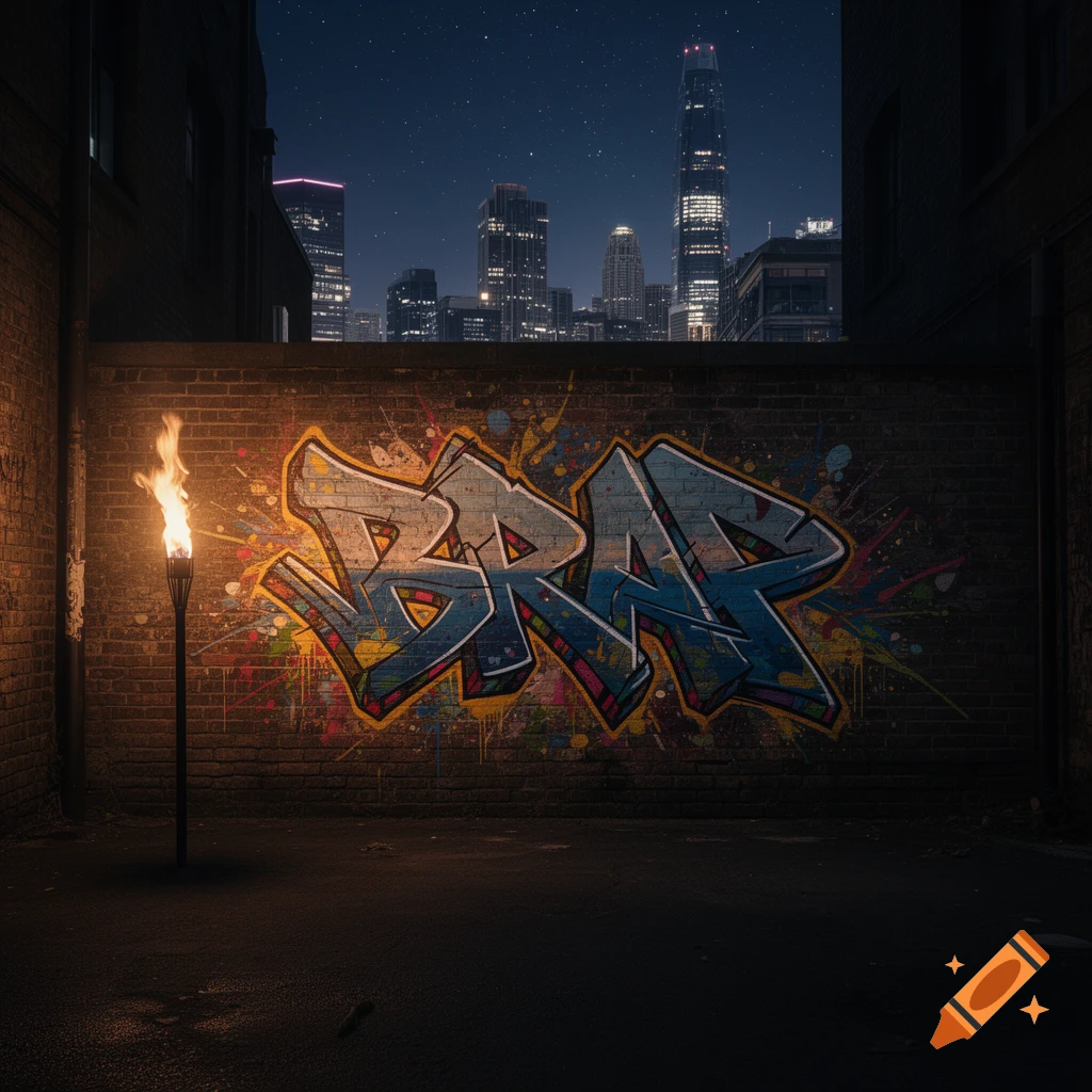 Graffiti spelling BRAP on a brick wall in a dark alley, lit by a torch, with a city skyline at night in the background.