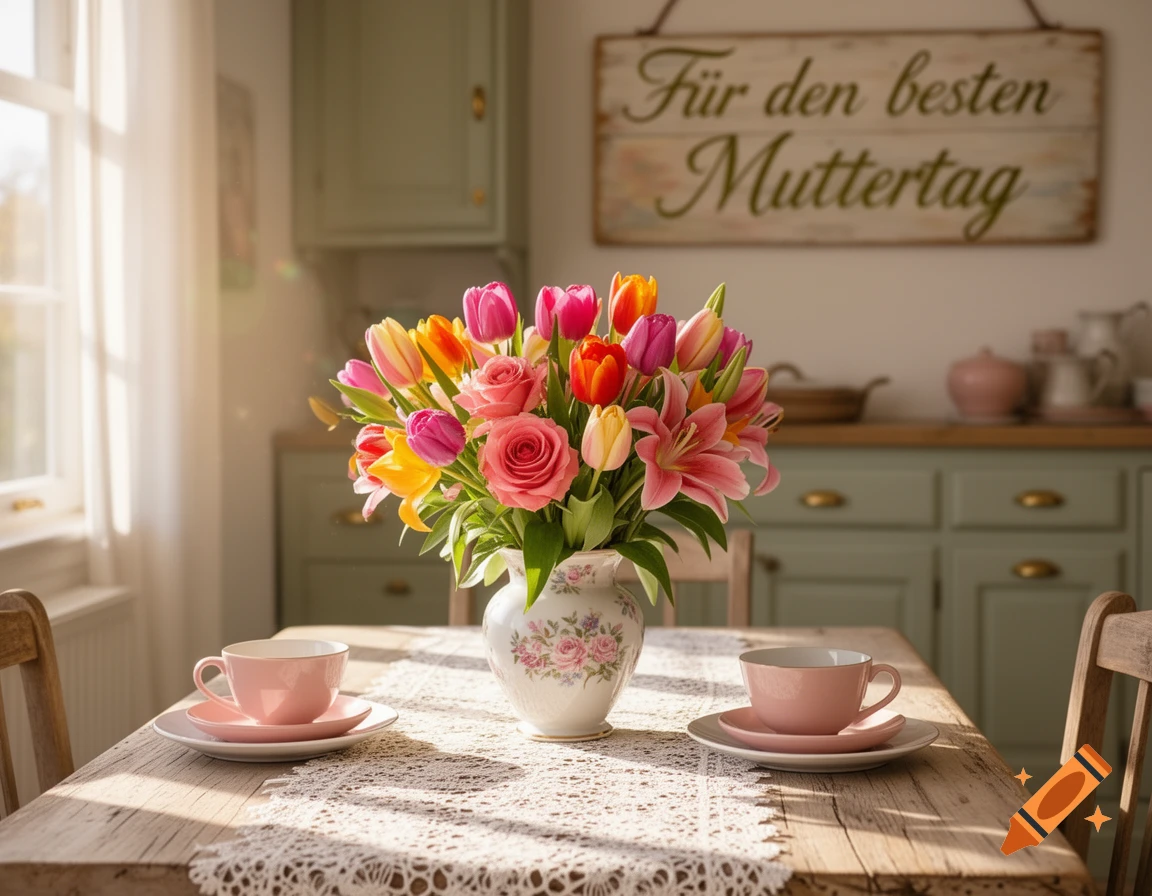 Vibrant bouquet of tulips, roses, and lilies on a wooden table with pink teacups in a sunlit kitchen. A sign reads 'Für den besten Muttertag'.