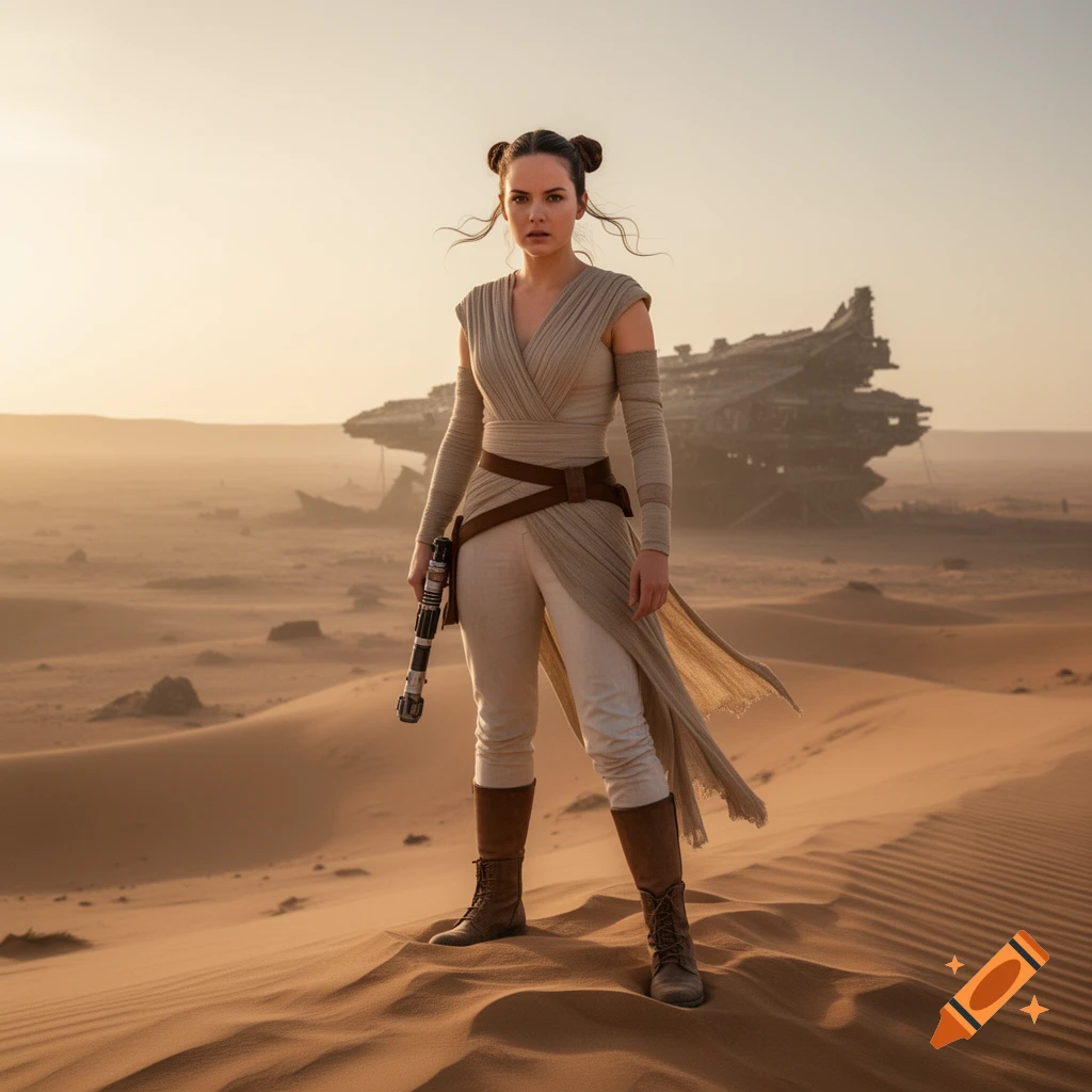 Rey Skywalker stands in a vast desert holding a staff, with a crashed spaceship behind her under a sunset sky.