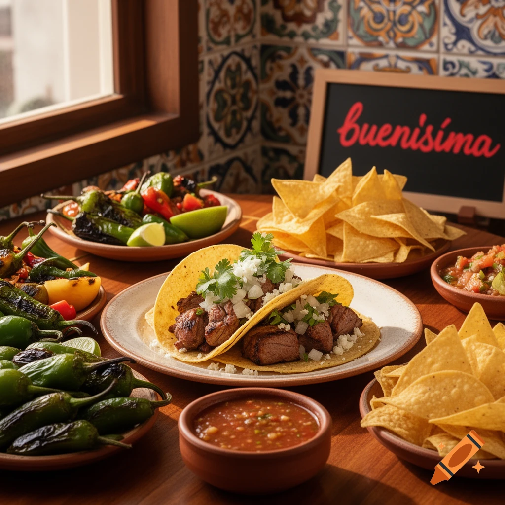 A vibrant spread of Mexican food: beef tacos, grilled peppers, salsa, and tortilla chips on a wooden table.