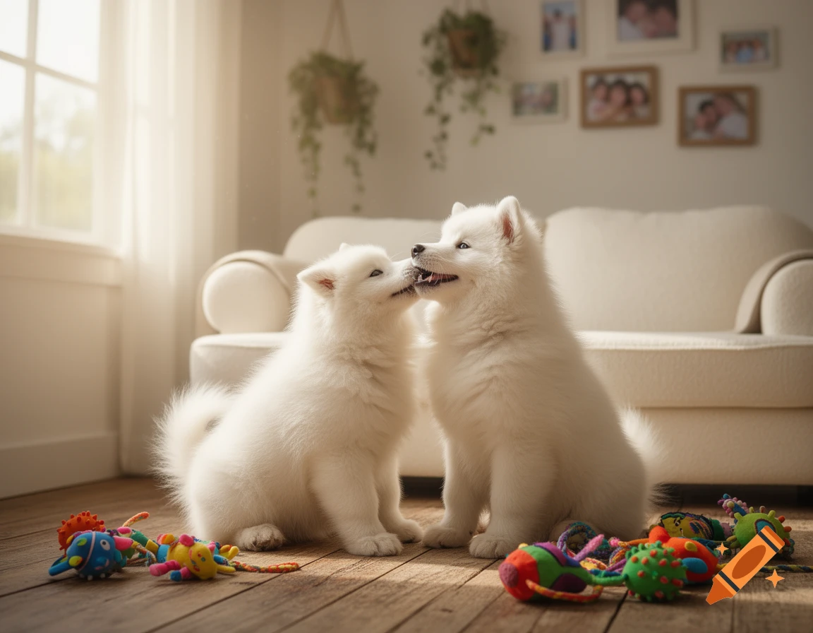 Two fluffy white puppies playfully interact on a wooden floor surrounded by colorful toys in a sunny living room.