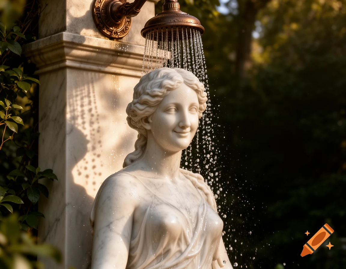Photorealistic marble statue of a smiling woman showering in a sunlit garden.