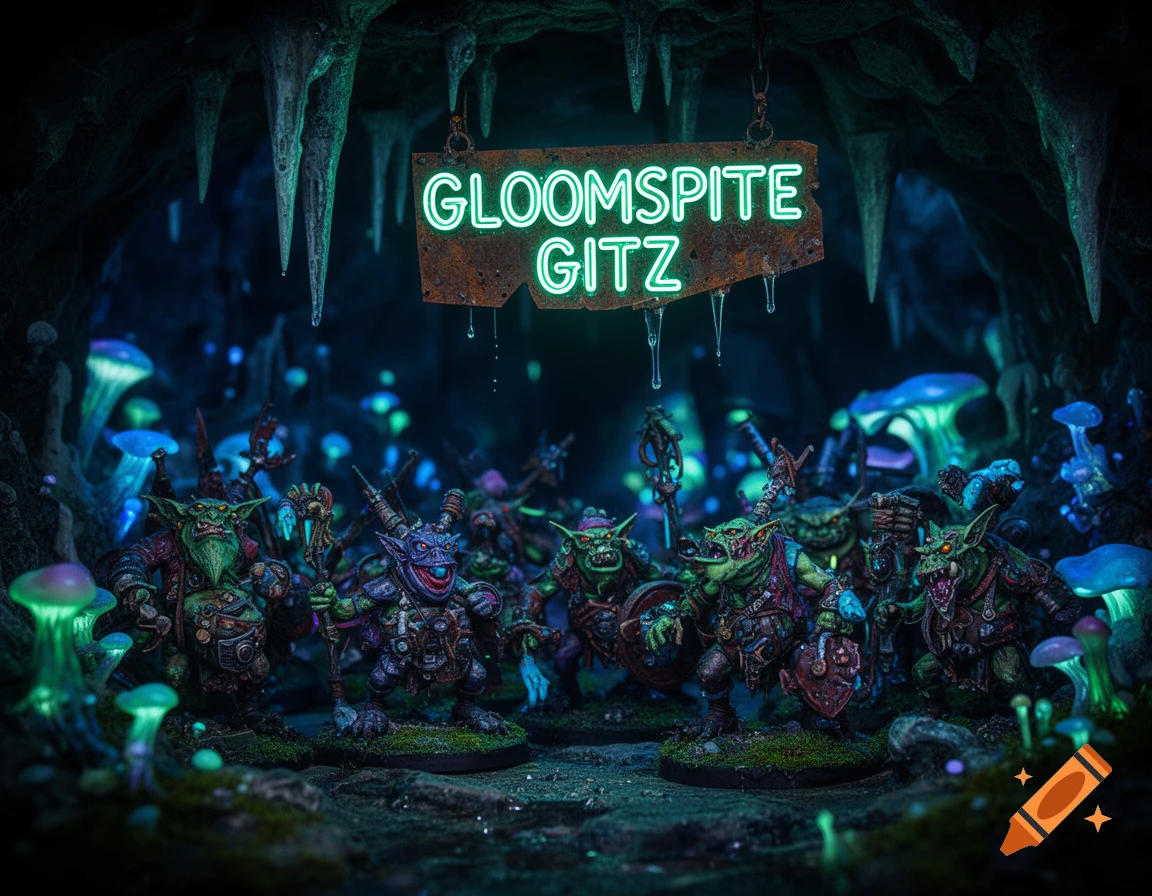 A group of fantasy goblin miniatures, the 'Gloomspite Gitz', stand in a glowing mushroom cave under a neon sign.