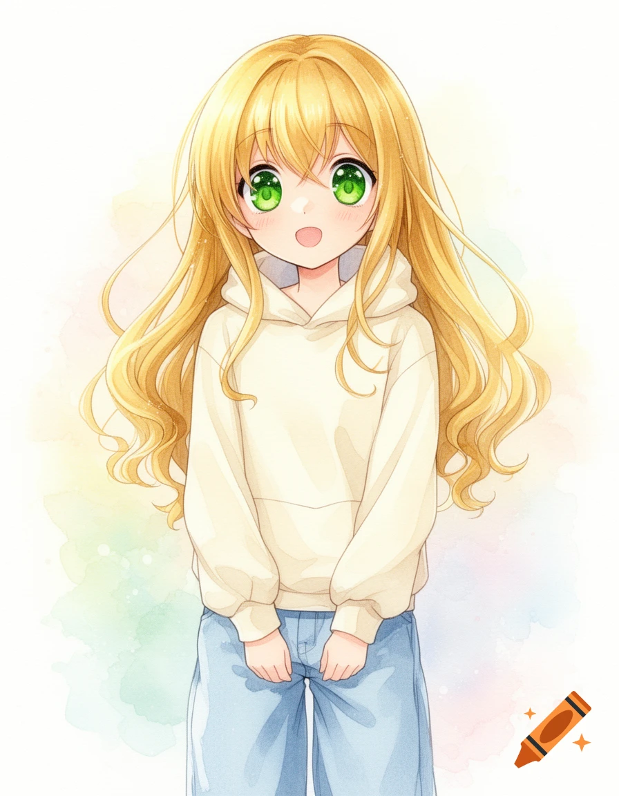 Adorable watercolor anime girl with green eyes, long blonde hair, cream hoodie, and baggy jeans.