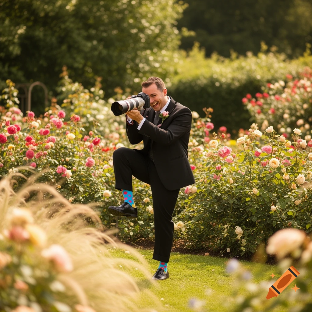 A male wedding photographer in a suit and polka dot socks kneels playfully in a rose garden, aiming his camera.