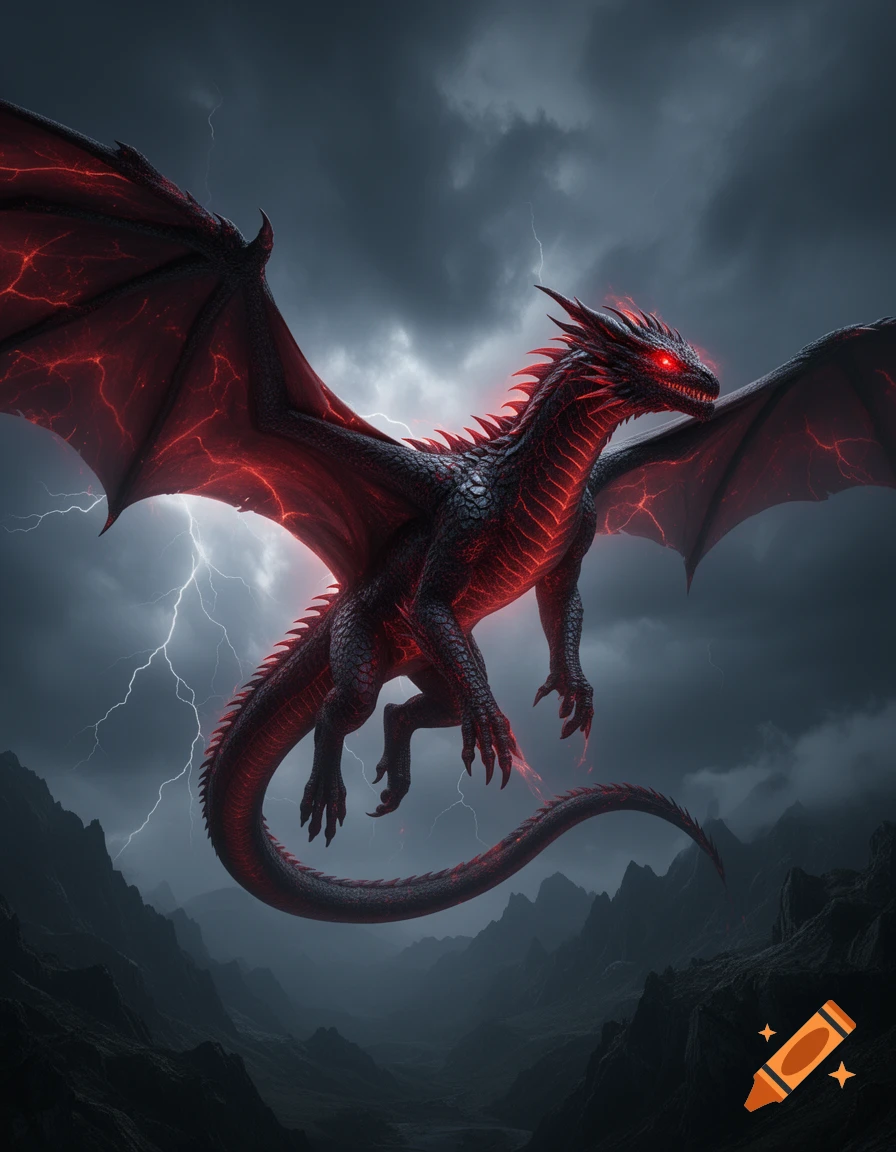 A majestic black and red dragon with glowing red eyes and veins flying through a stormy, lightning-filled sky over dark mountains.