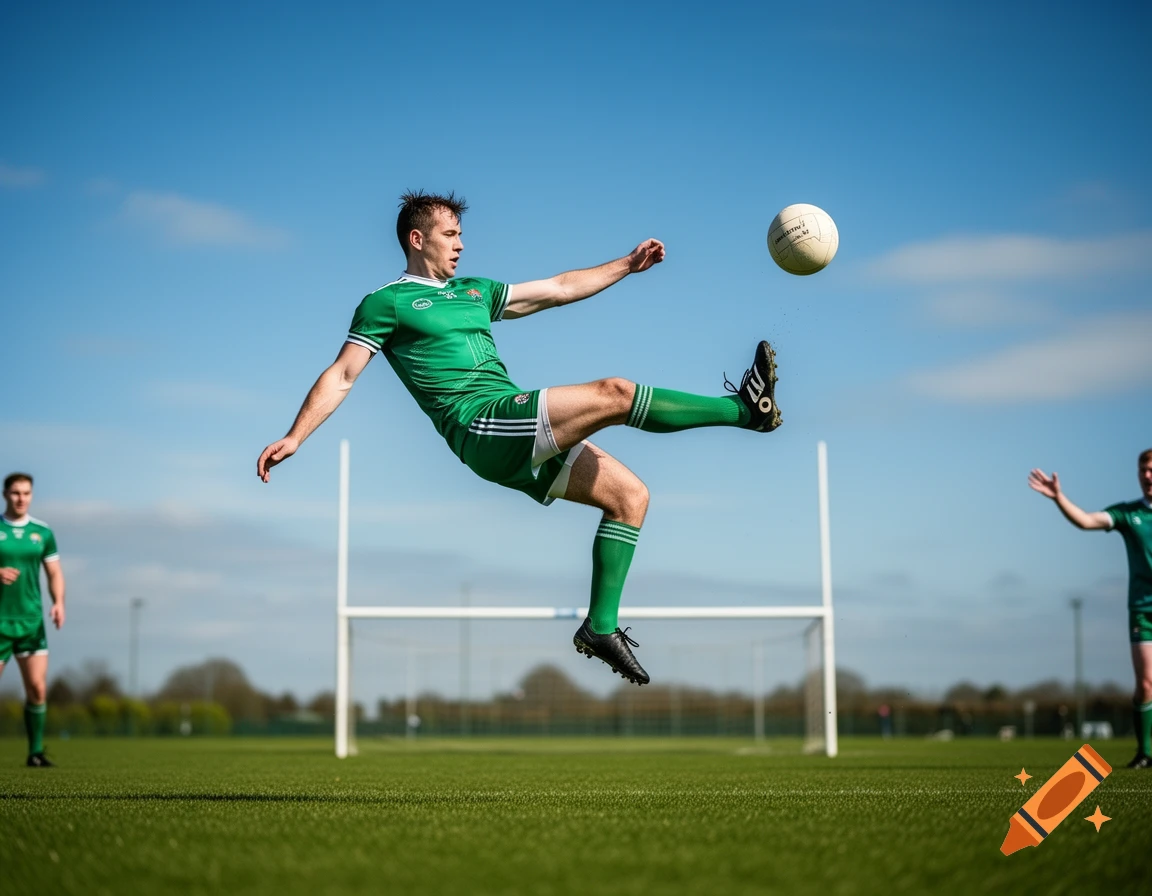 A male Gaelic football player in a green uniform leaps to kick the ball high above a sunny field with goalposts.