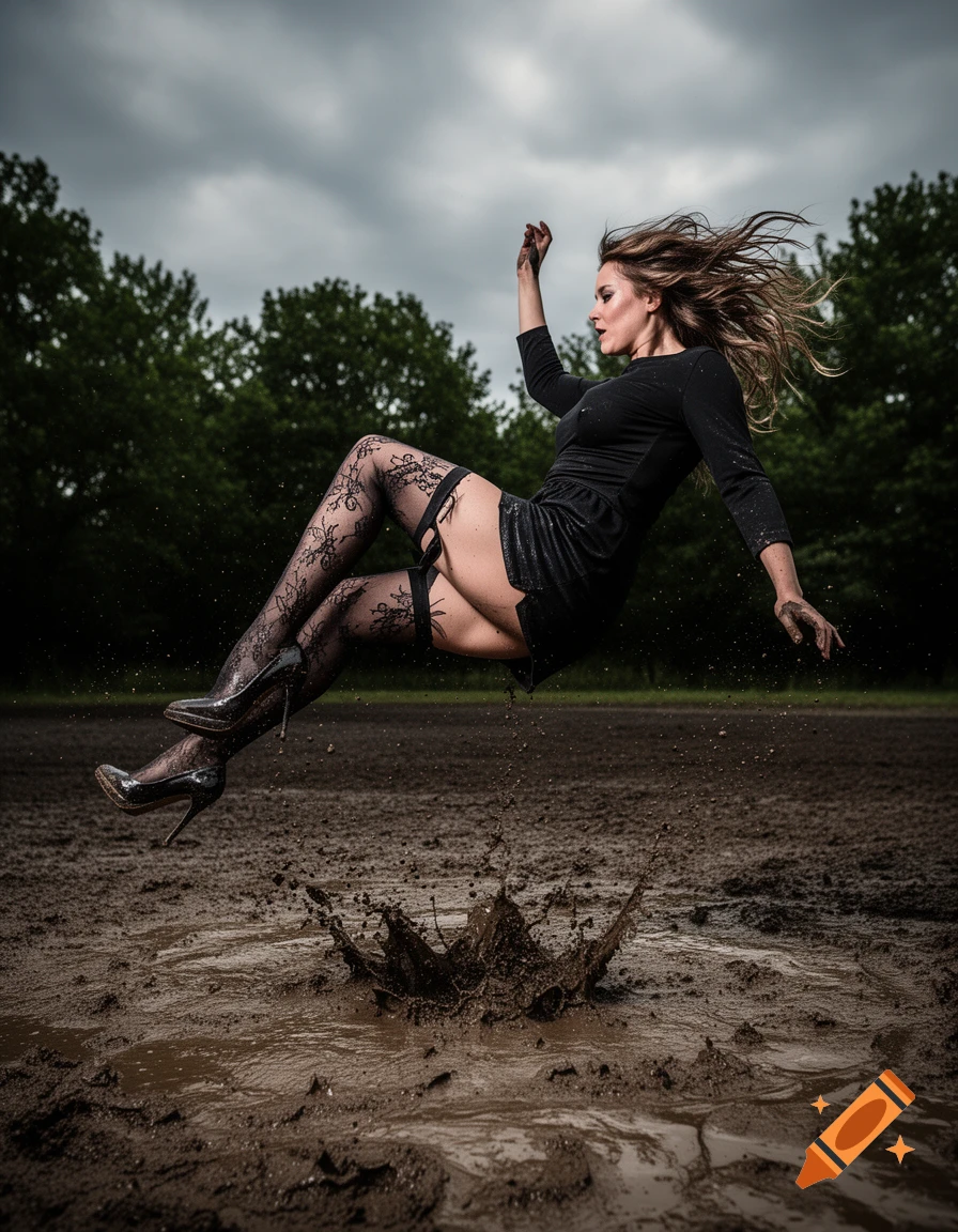 A woman in a black minidress, lace thigh-high stockings, and stiletto heels splashes into a mud puddle outdoors.