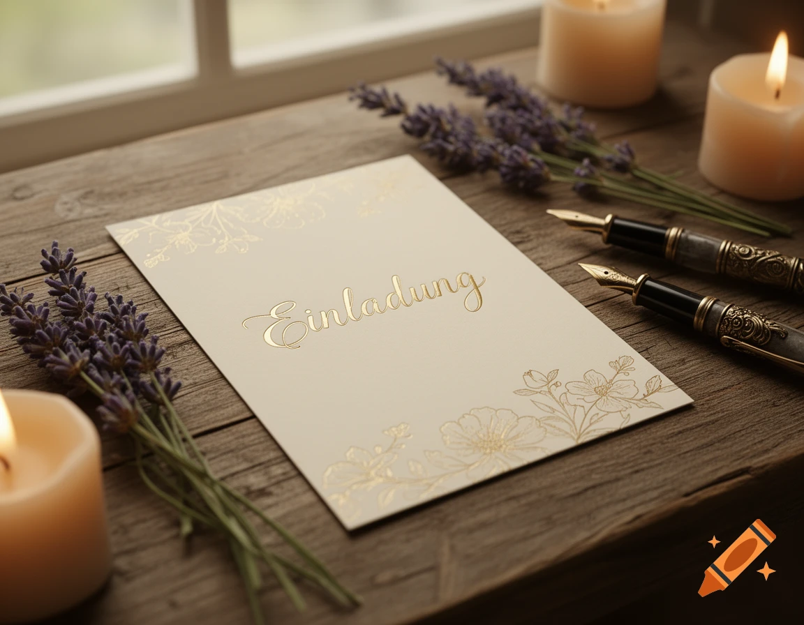 A golden 'Einladung' (Invitation) card with floral accents on a rustic wooden table, flanked by lavender, lit candles, and ornate fountain pens.