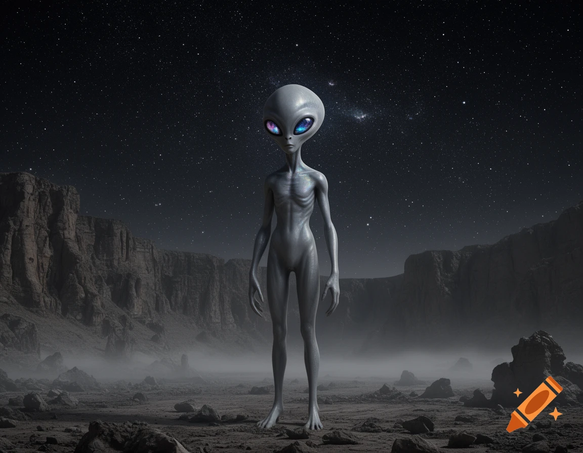 A grey alien with large, reflective eyes stands on a rocky, misty planet under a starry night sky.