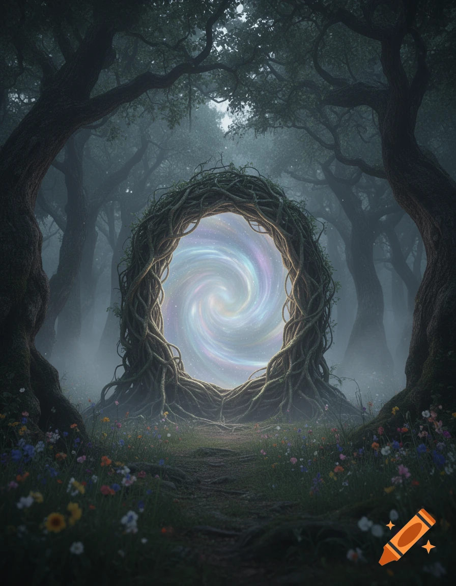 A mysterious glowing portal made of twisted vines and roots stands in a dark, misty forest with colorful wildflowers.