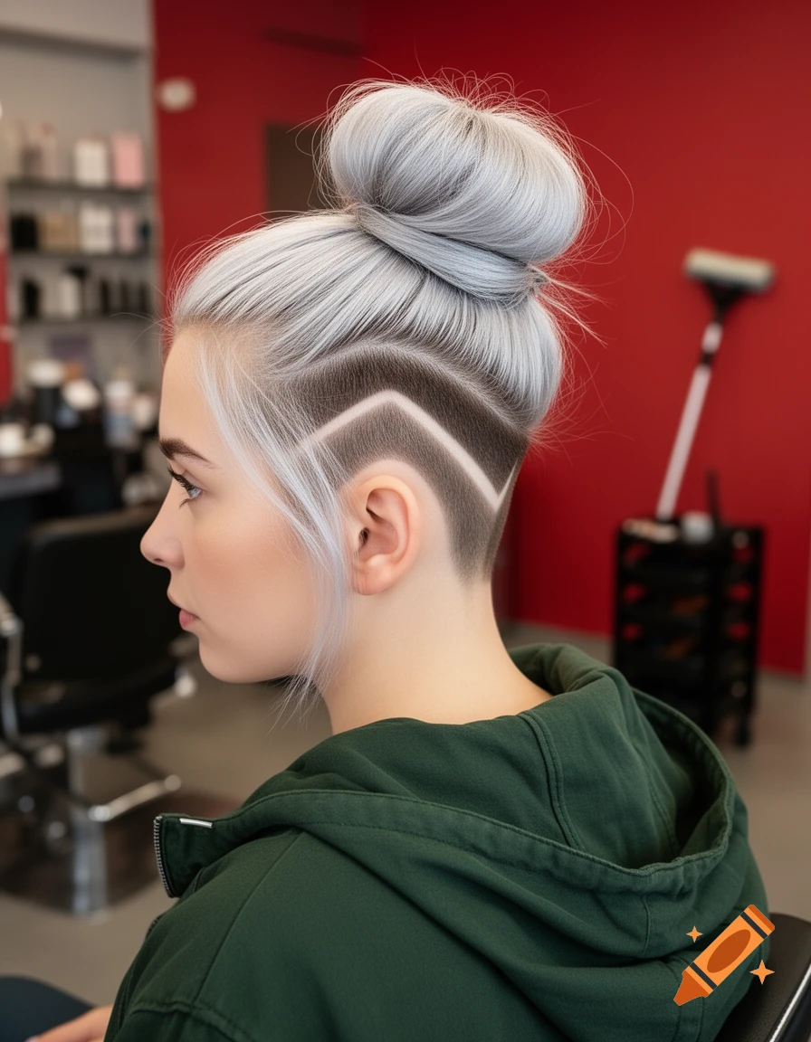 Young woman with silver hair, a high bun, and a shaved 'V' design, seen from behind in a hair salon.