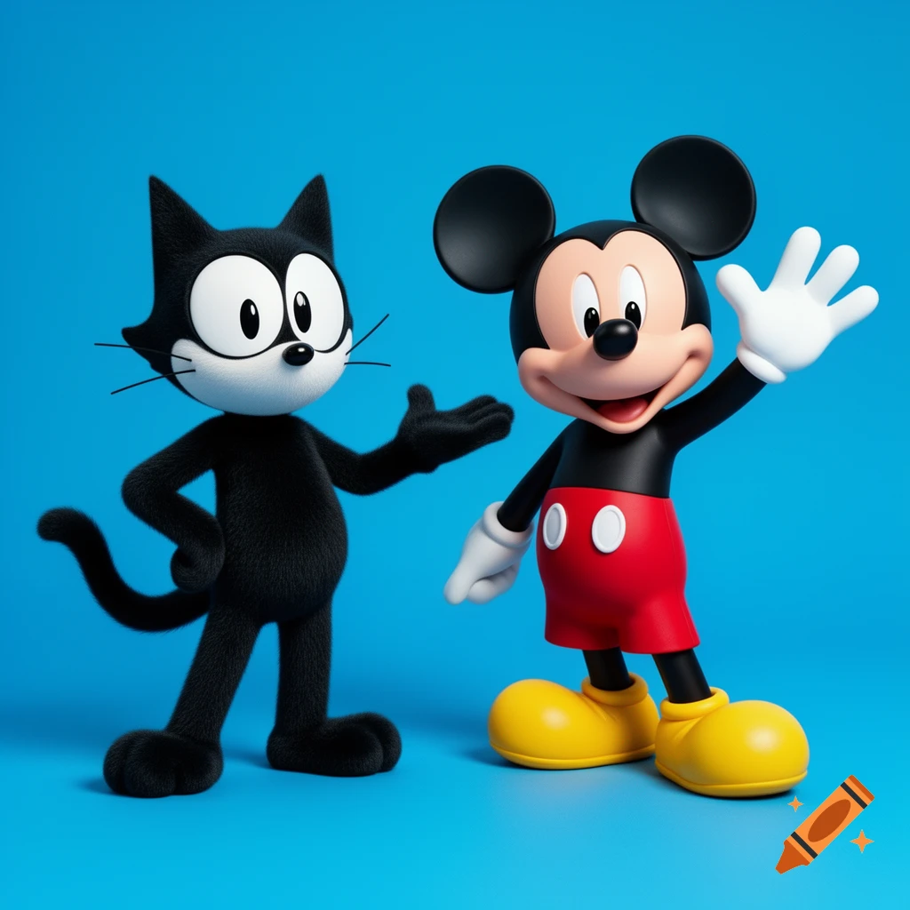 Felix the Cat and Mickey Mouse stand side-by-side against a blue background, in a 3D animation style.