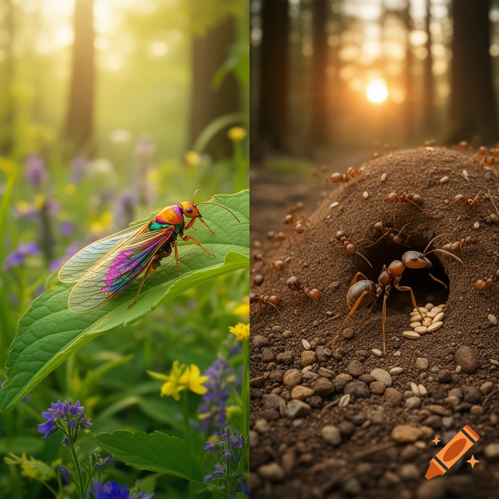 Diptych: a colorful iridescent insect on a leaf in a sunny forest on the left, and ants around an anthill at sunset on the right.