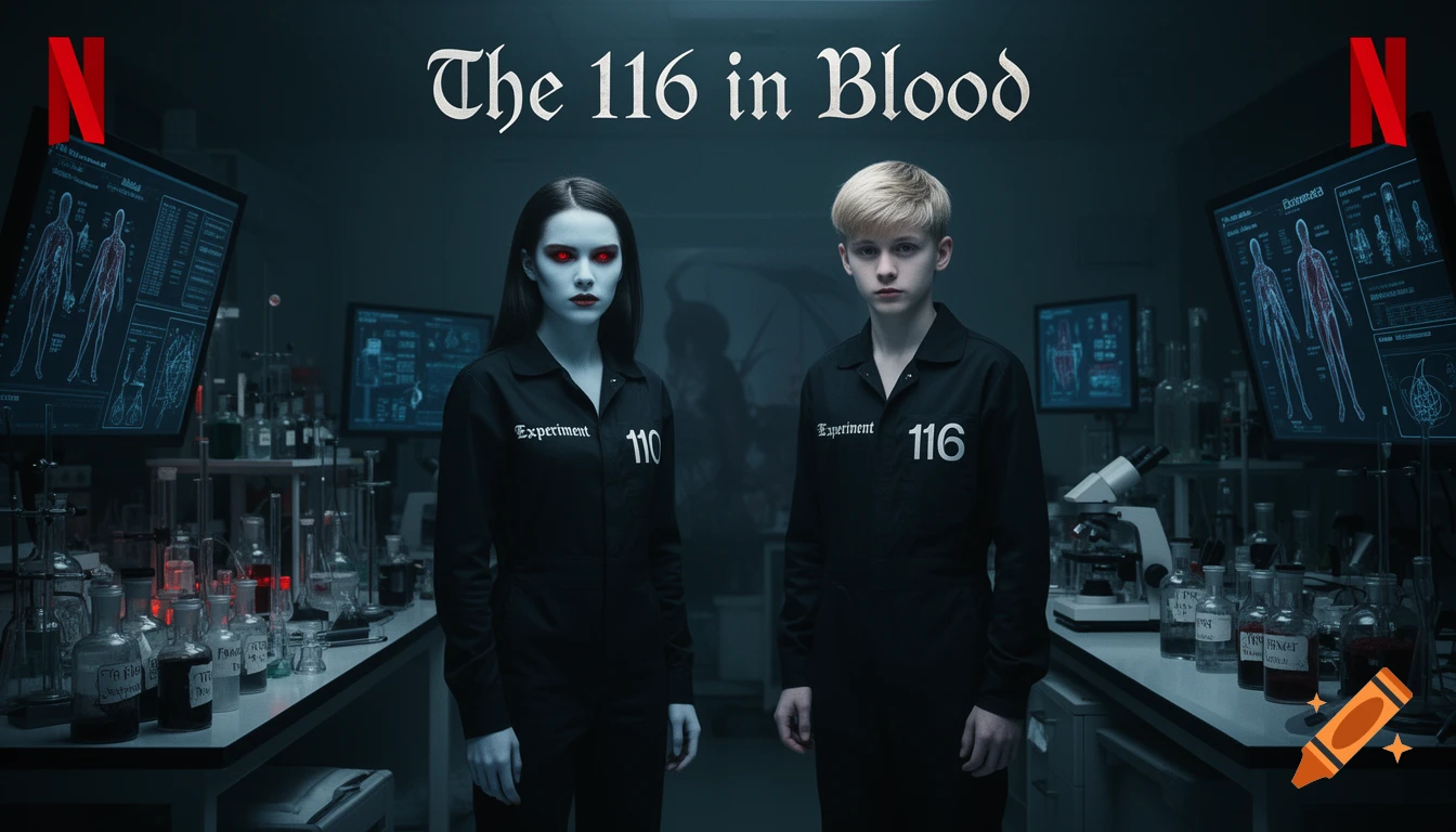 Two pale-skinned teenagers, a girl with red eyes and a boy, in black jumpsuits labeled "Experiment 110" and "Experiment 116" respectively, stand in a dimly lit science lab filled with beakers and monitors displaying human anatomy, under the title "The 116 in Blood" and Netflix logos.