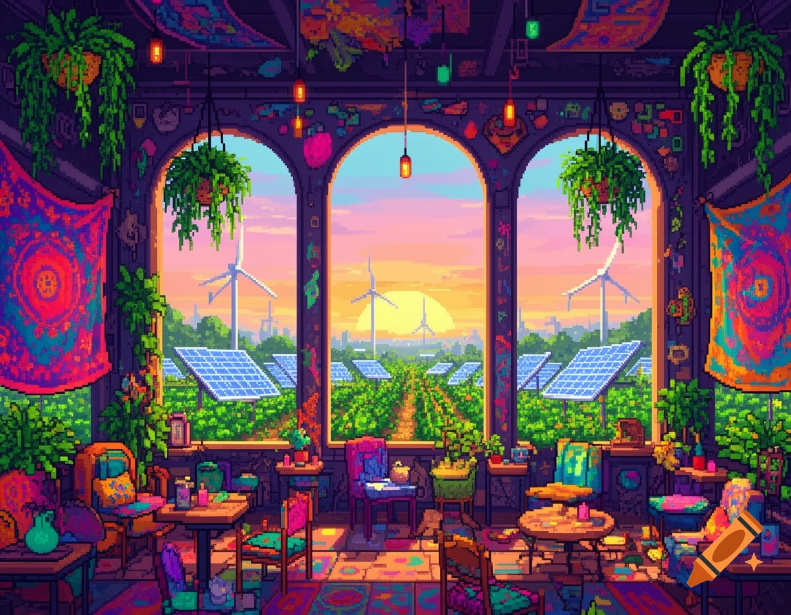 Vibrant pixel art of a maximalist hippie cafe overlooking a solarpunk farm with solar panels and wind turbines at sunrise.