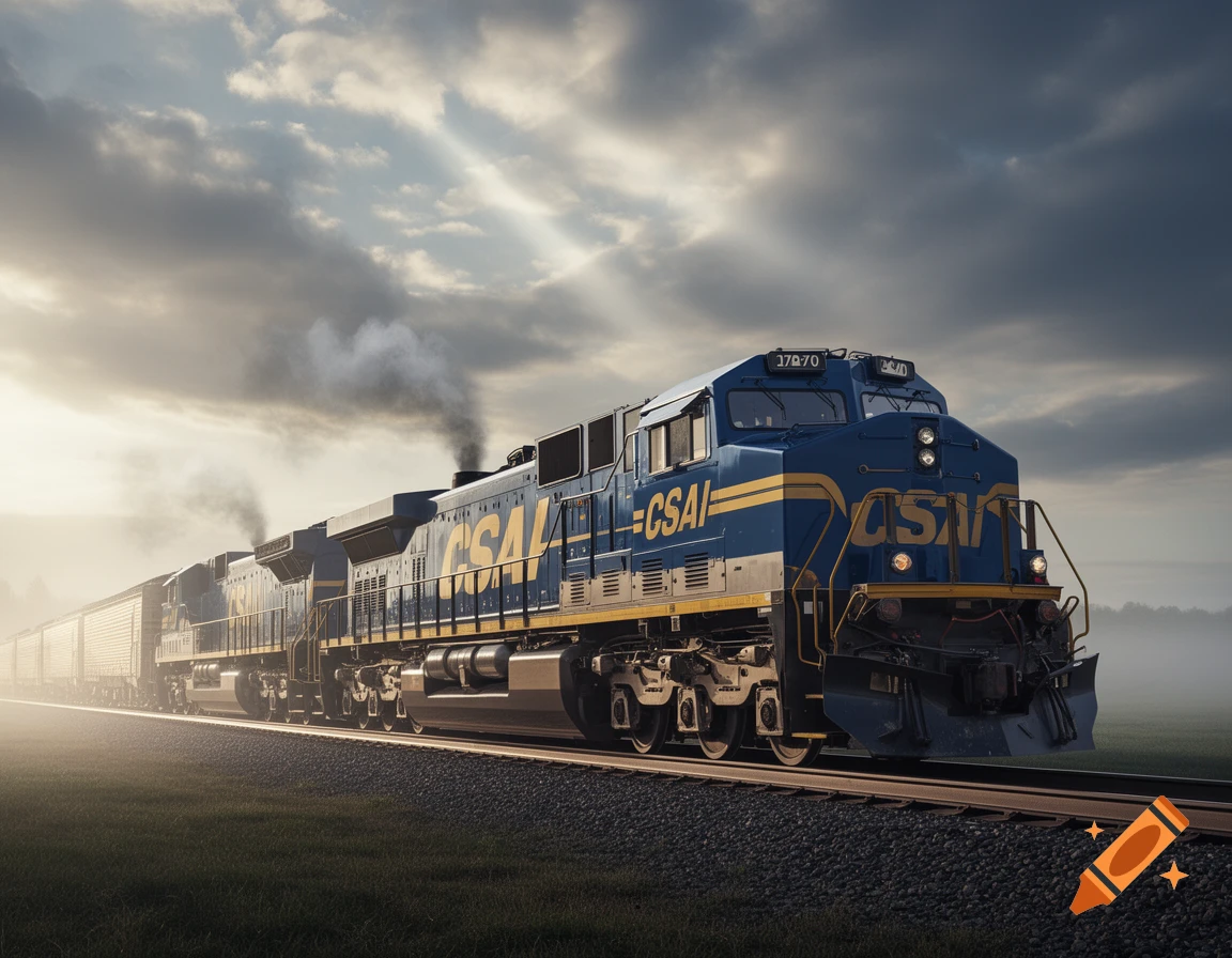 A blue and yellow CSAI locomotive with cargo cars on tracks, emitting smoke under a dramatic cloudy sky at sunrise.