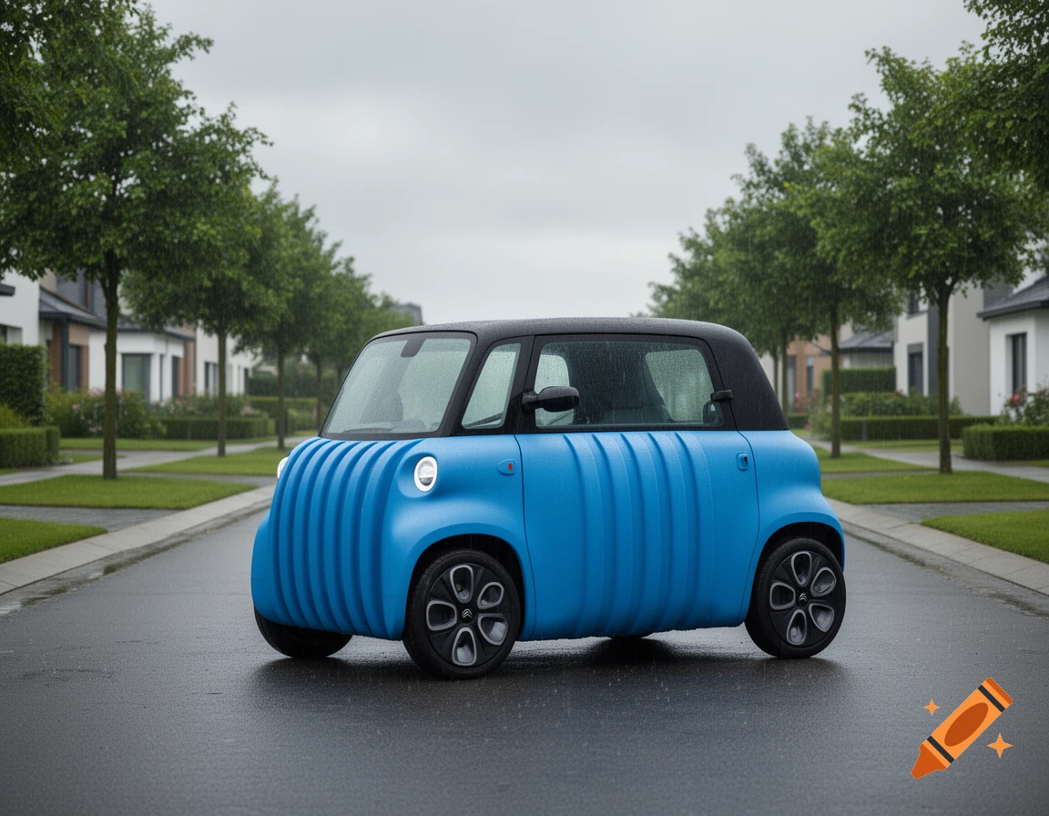 A blue, corrugated Citroën Ami car, like a rain barrel, on a wet street in a modern neighborhood under an overcast sky.