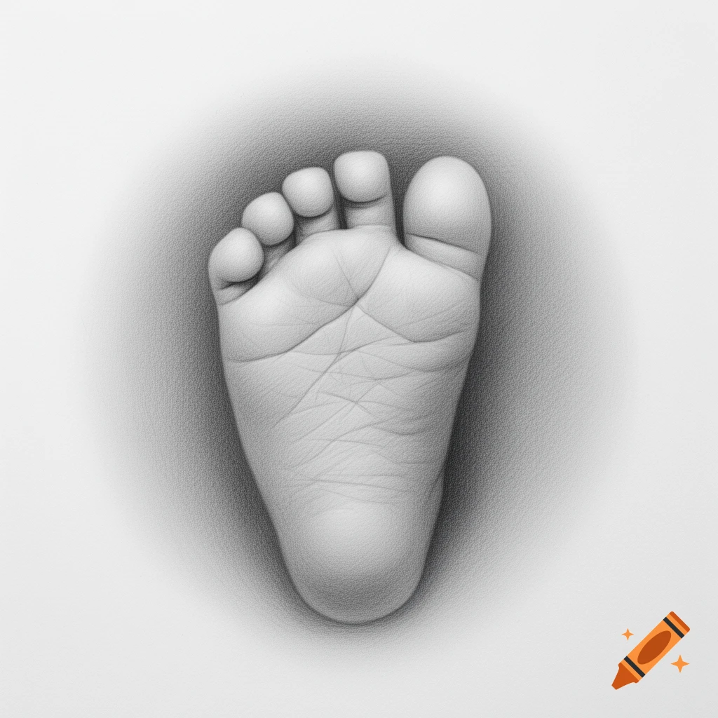 Detailed grayscale pencil drawing of a baby's foot, viewed from the sole, with soft shading.