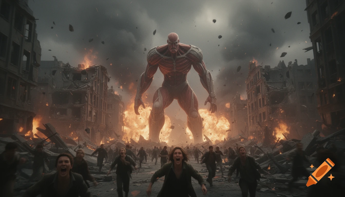 A colossal titan stands in a burning, destroyed city while terrified civilians run away in the foreground, cinematic style.
