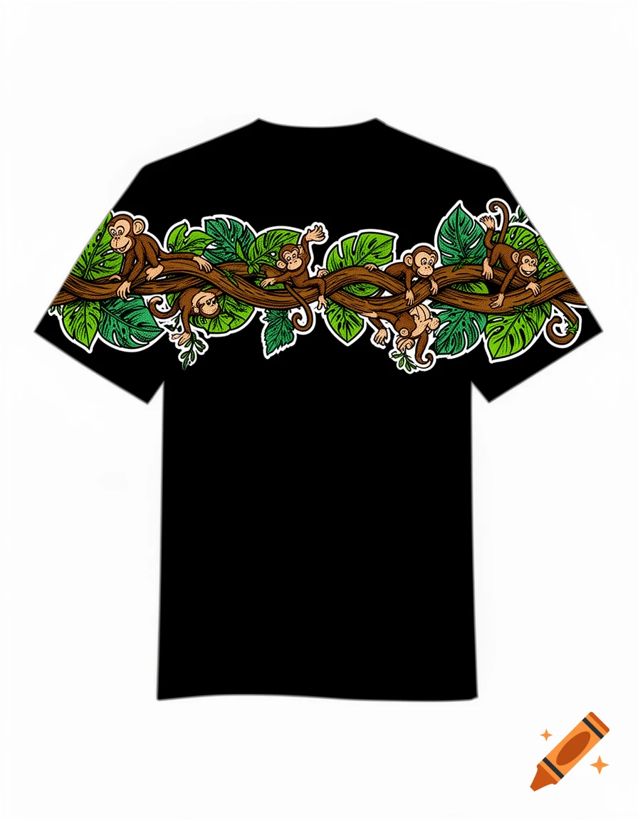 Black t-shirt with a cartoon design of monkeys climbing and hanging on intertwining jungle vines and tropical leaves.