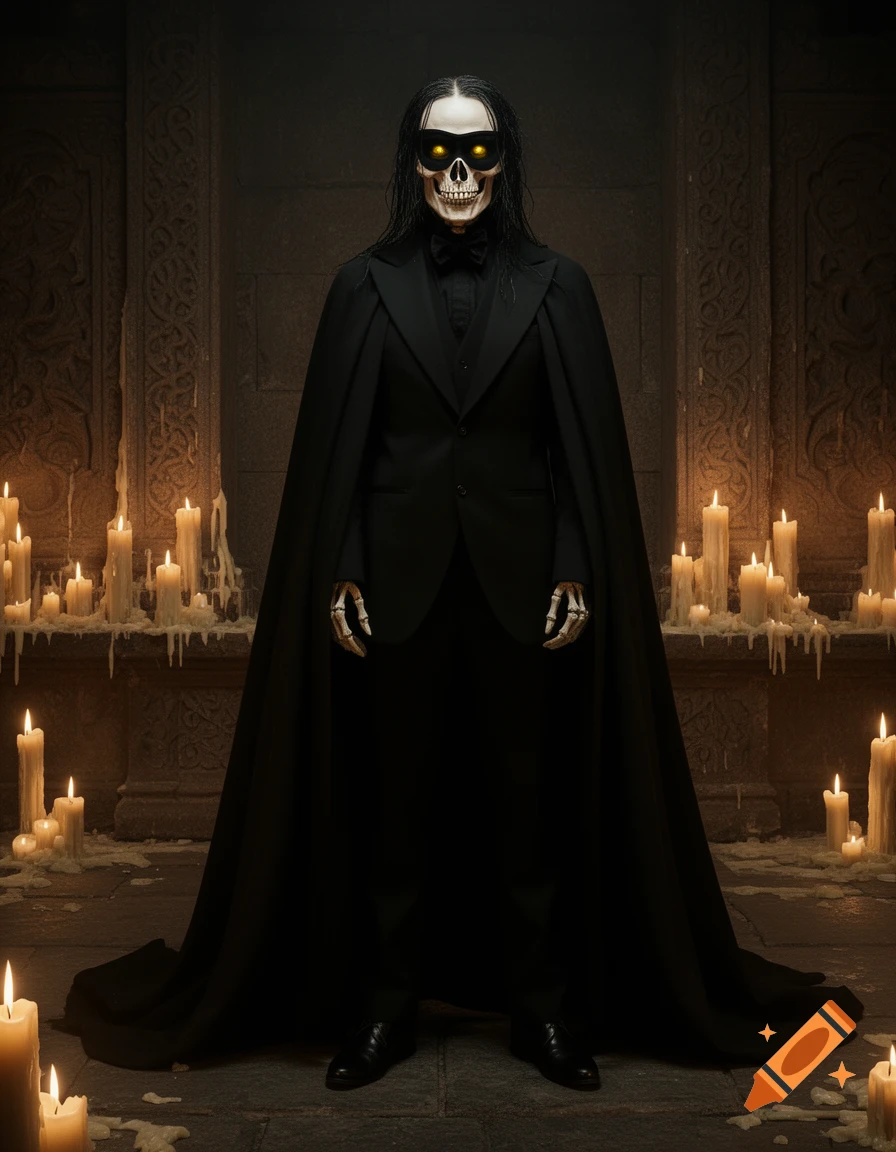 Skeletal figure in a black suit, cloak, and domino mask with glowing yellow eyes, standing among lit candles.