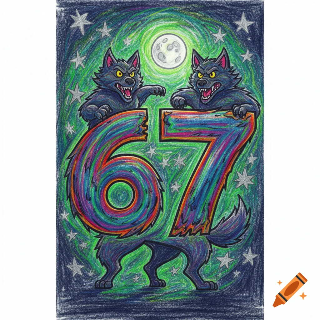 Two fierce cartoon werewolves hold up the colorful number '67' under a full moon and stars, drawn in a felt-tip pen style.