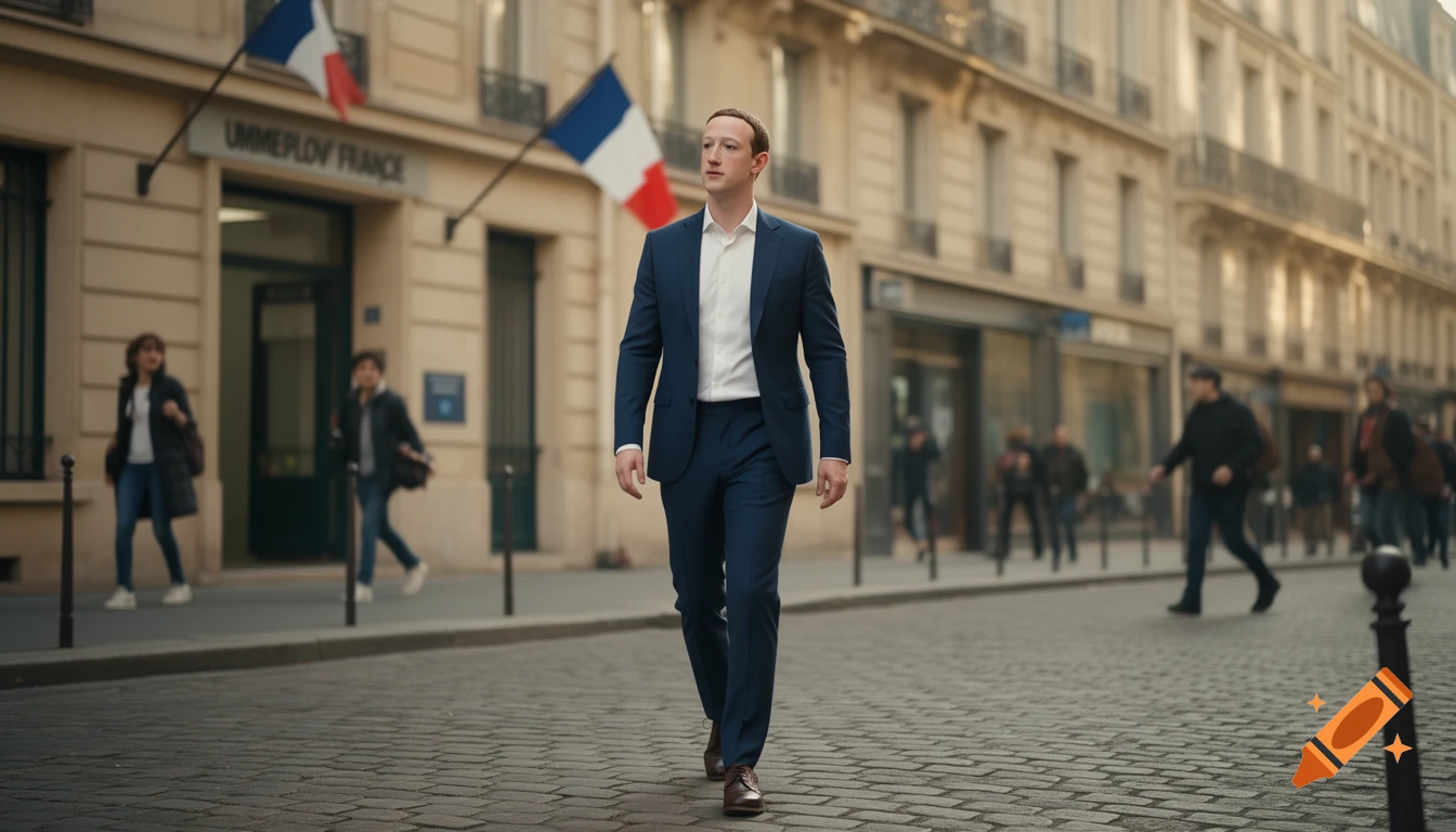 Photorealistic image of Mark Zuckerberg walking confidently down a cobblestone street in France, past a building with French flags.